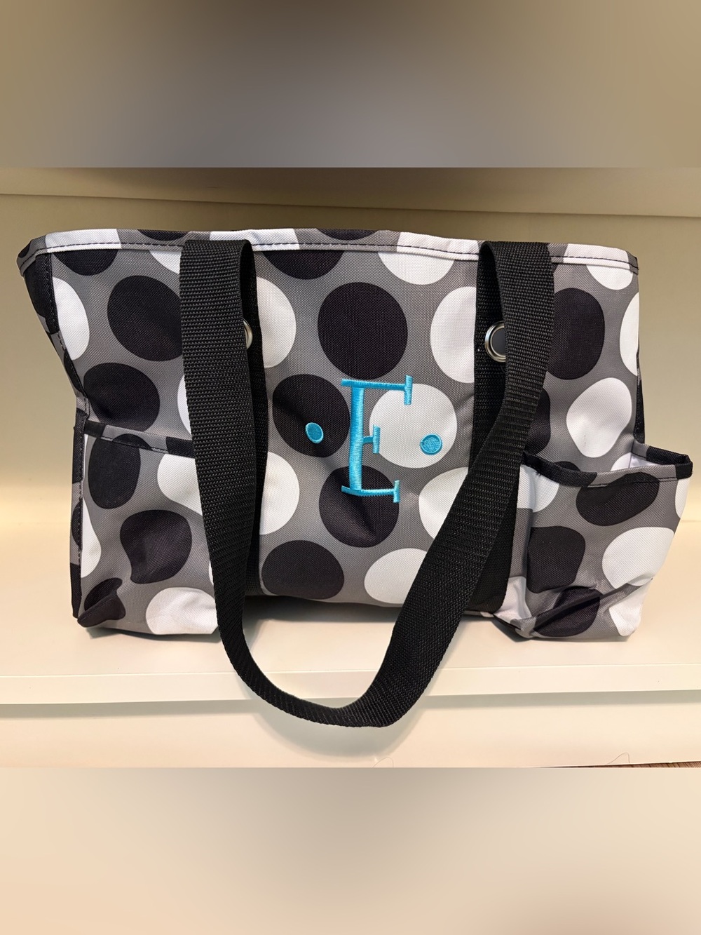 Thirty-One Black & White Polka Dot Tote Bag with Blue Monogram E